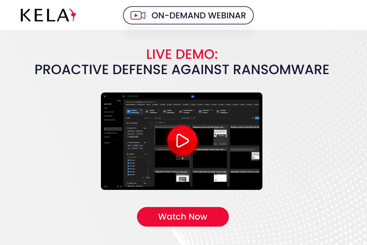 KELA on-demand webinar banner: Proactive Defense Against Ransomware, with Irina Nesterovsky