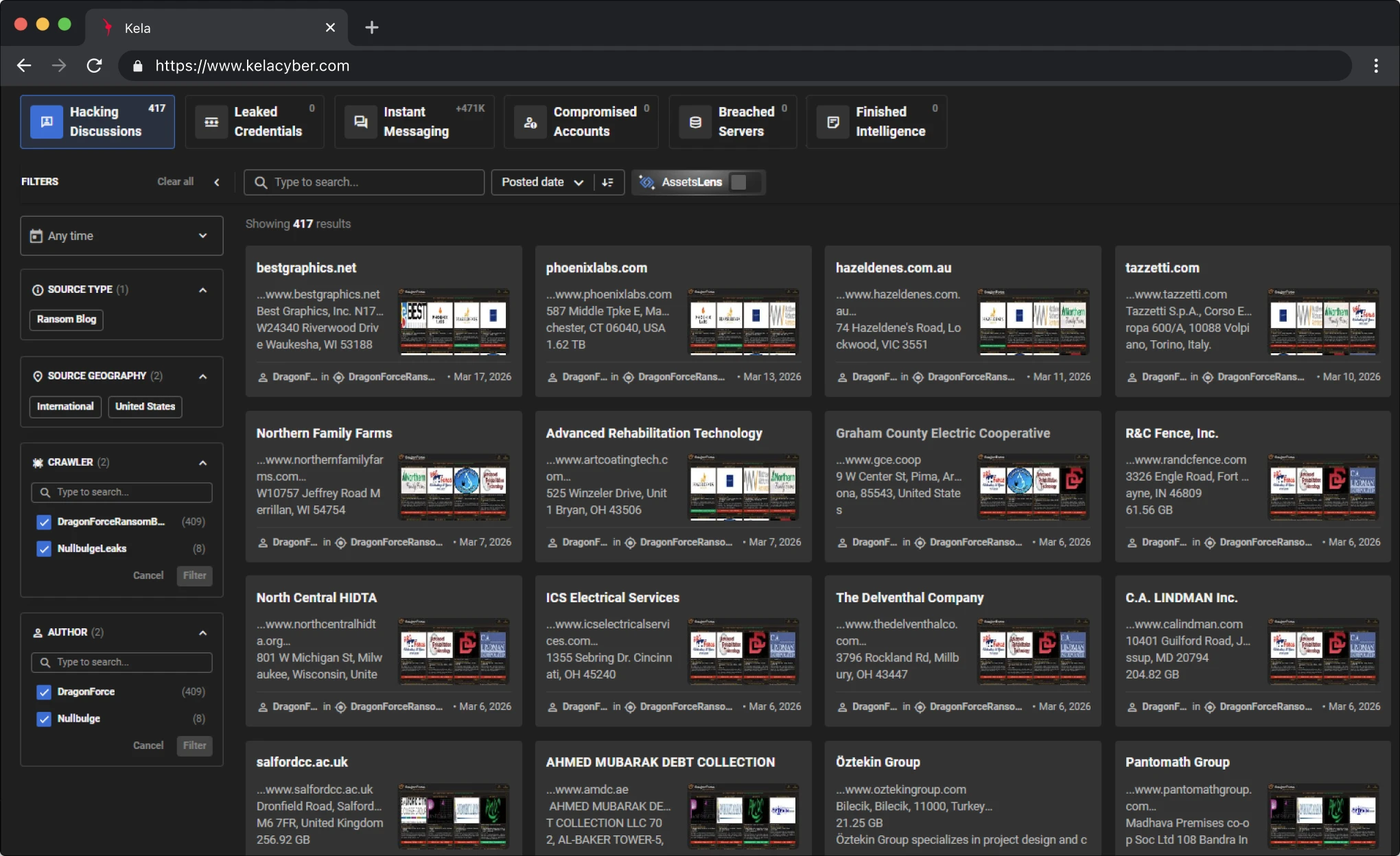 KELA platform screenshot: Dark Web Monitoring