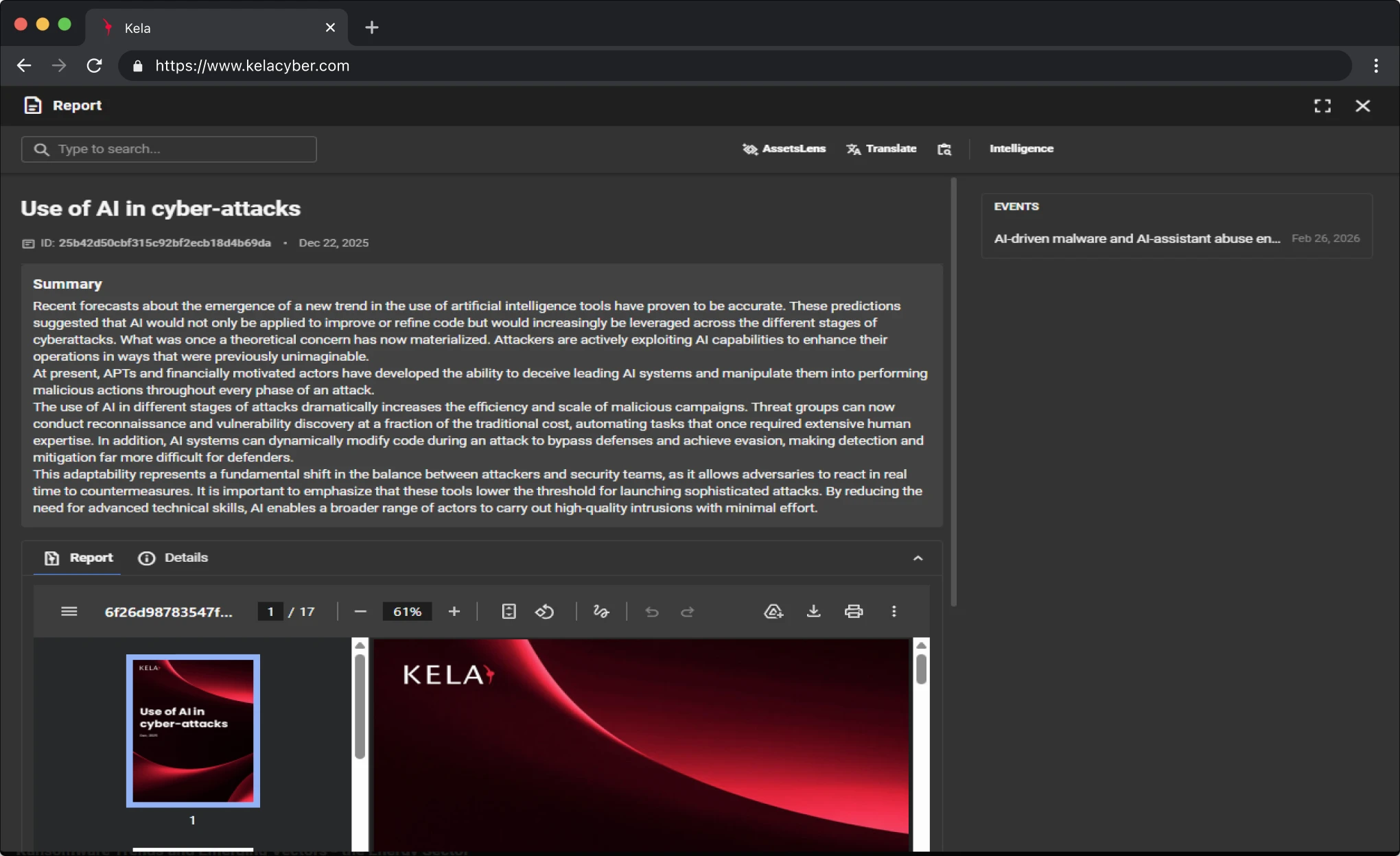 KELA platform screenshot: Finished Intelligence