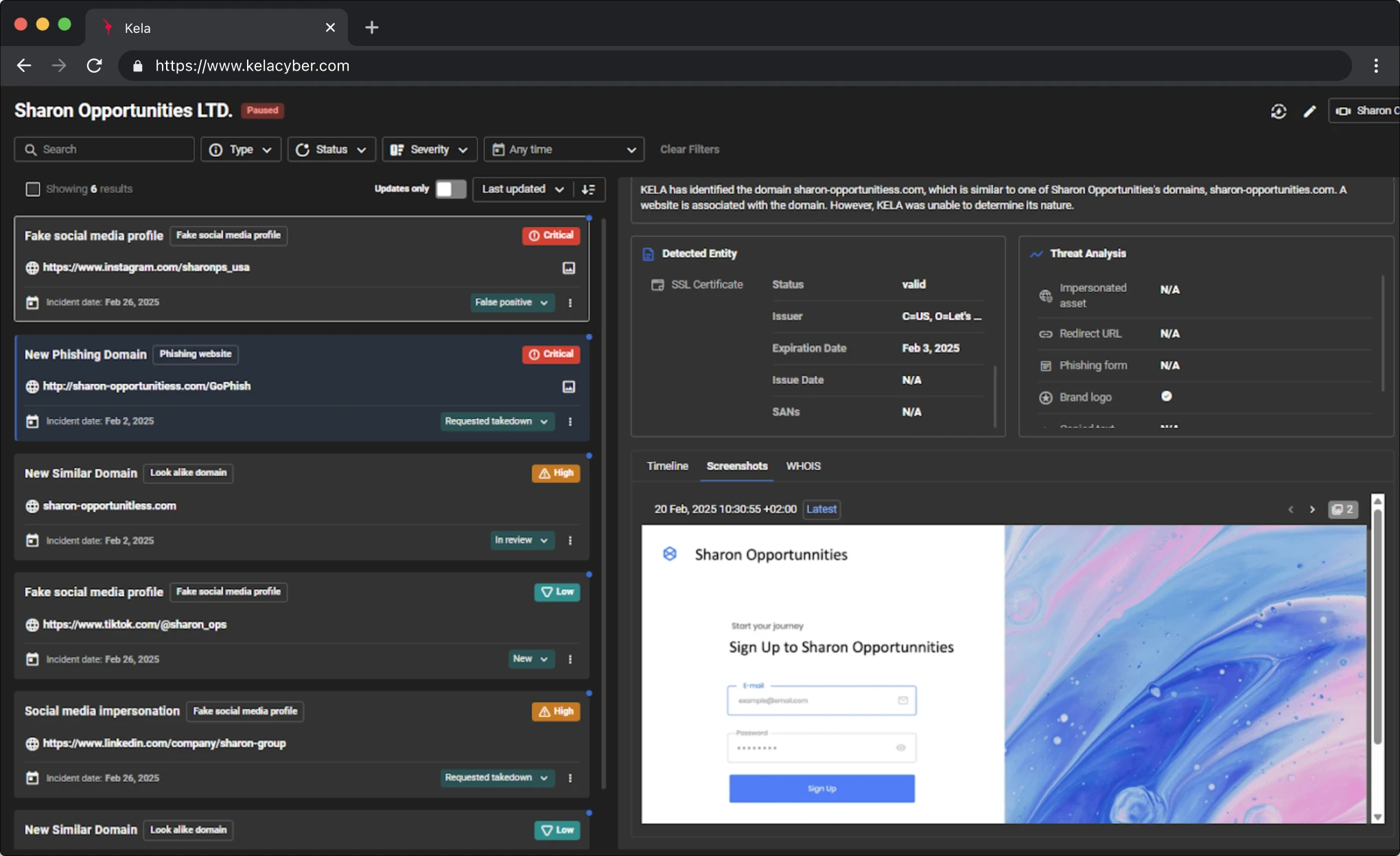 KELA platform screenshot: Phishing Detection