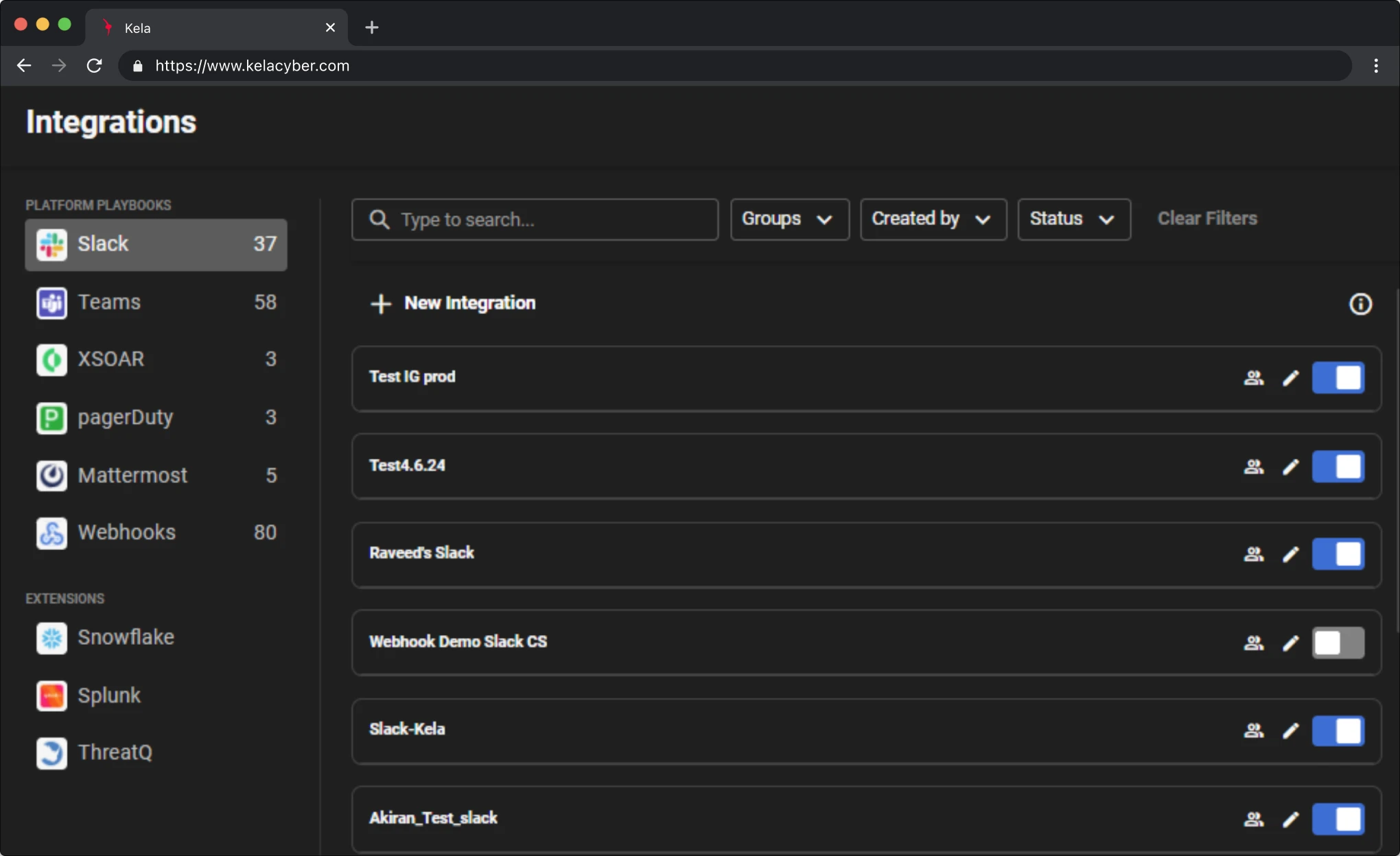 KELA platform screenshot: Integrations into SIEM/SOAR, Ticketing, and Collaboration Tools