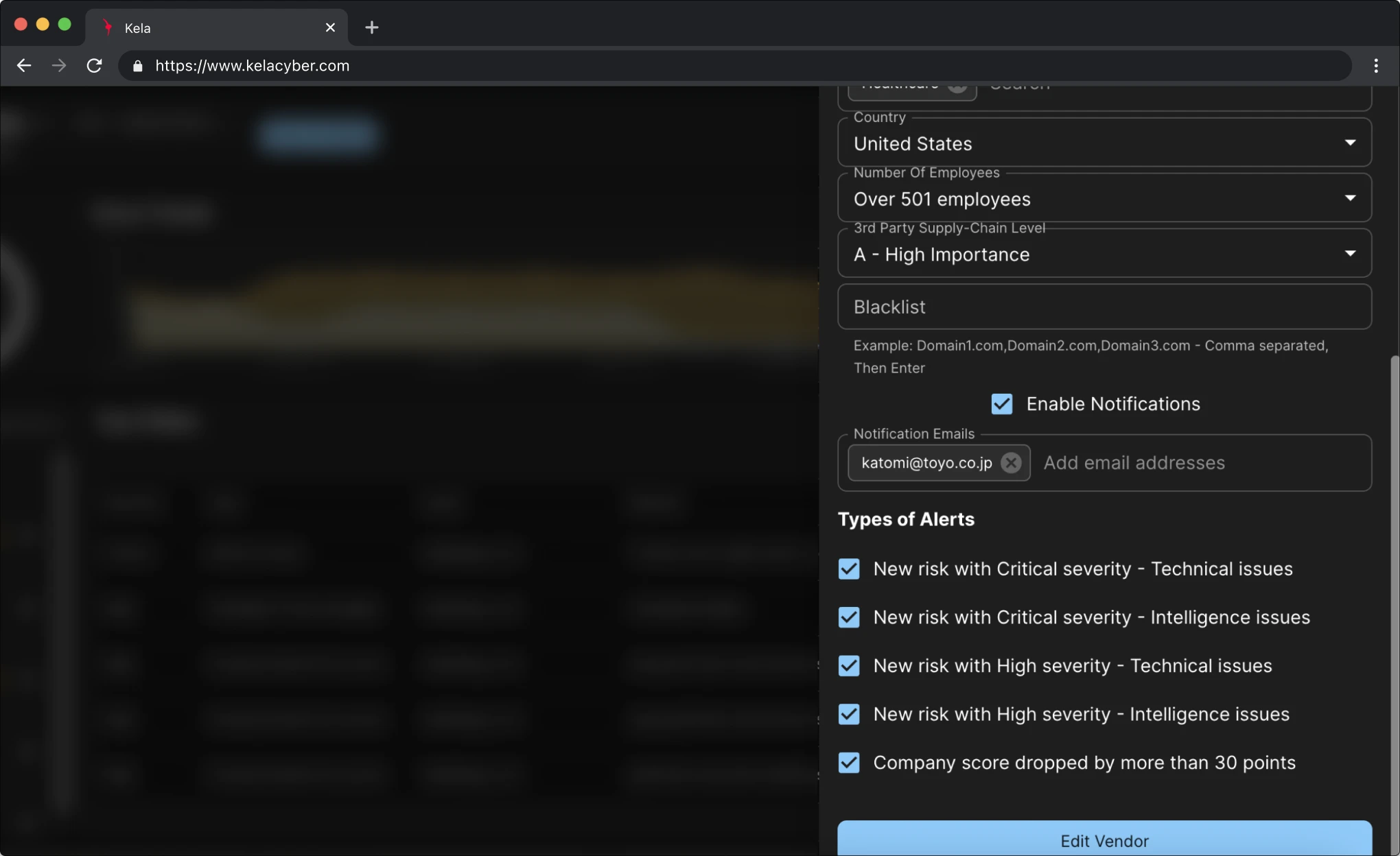 KELA platform screenshot: Asset Blacklisting