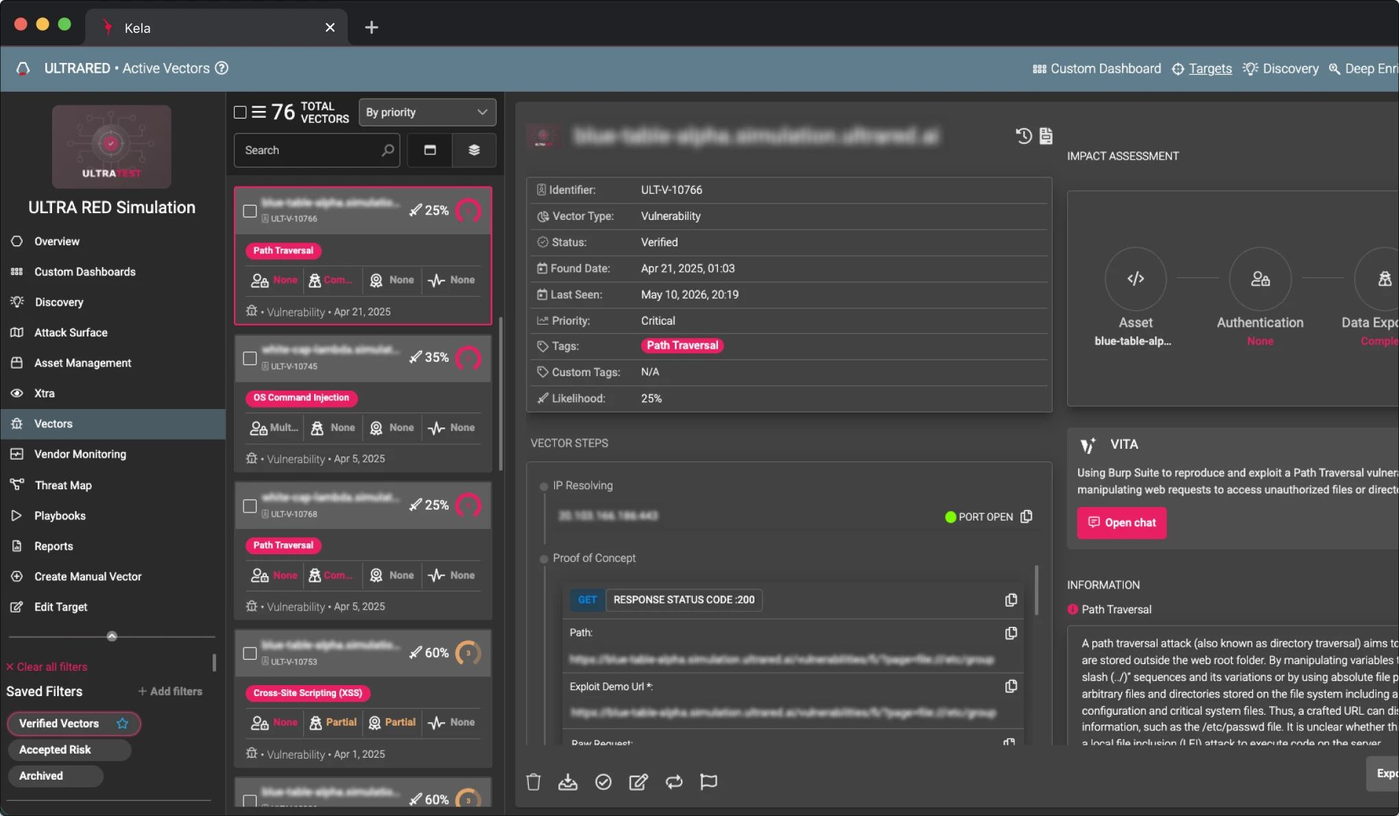 Captura de pantalla de la plataforma KELA: Priorización basada en la explotabilidad