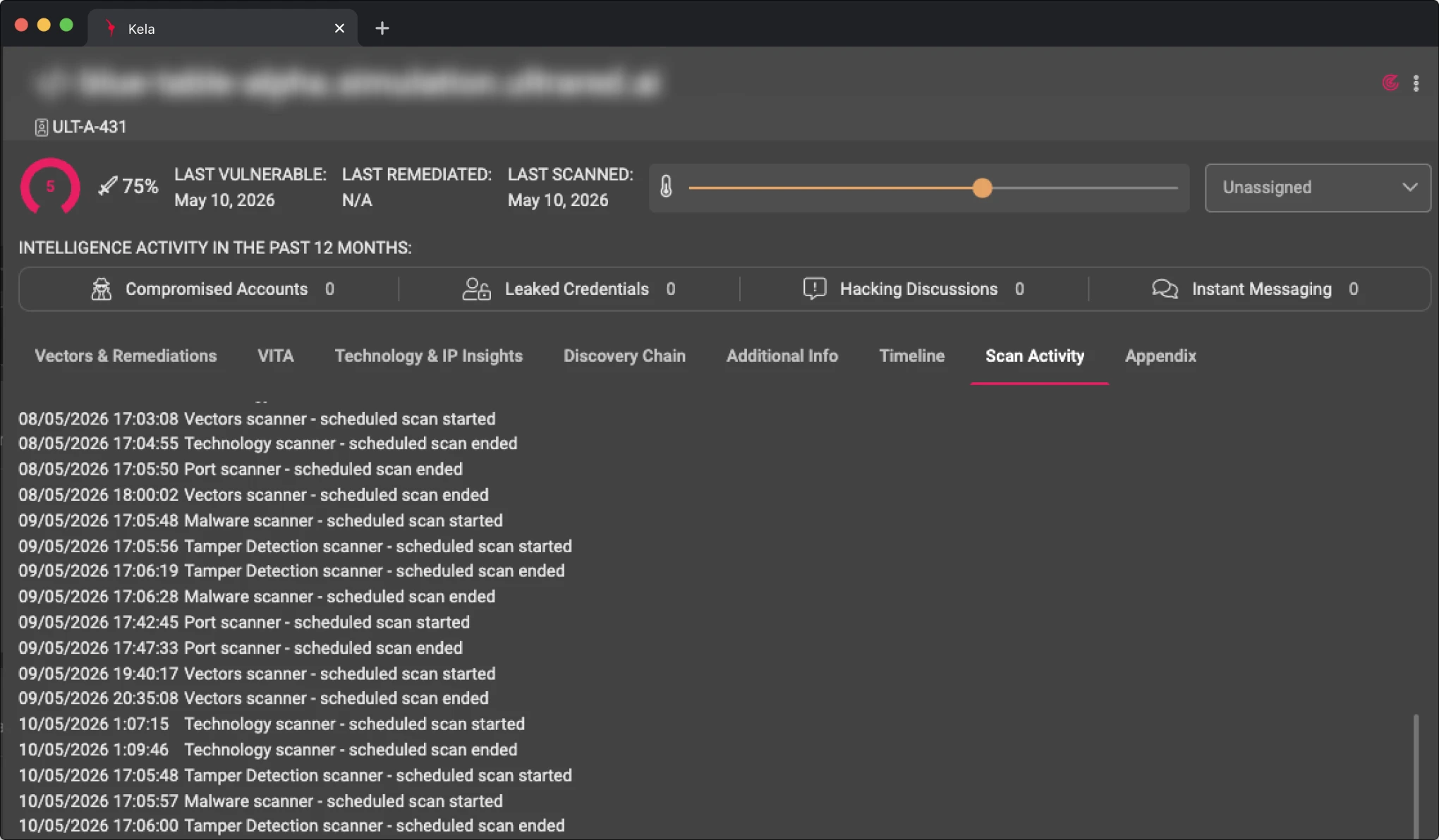Captura de pantalla de la plataforma KELA: Supervisión continua de la superficie de ataque