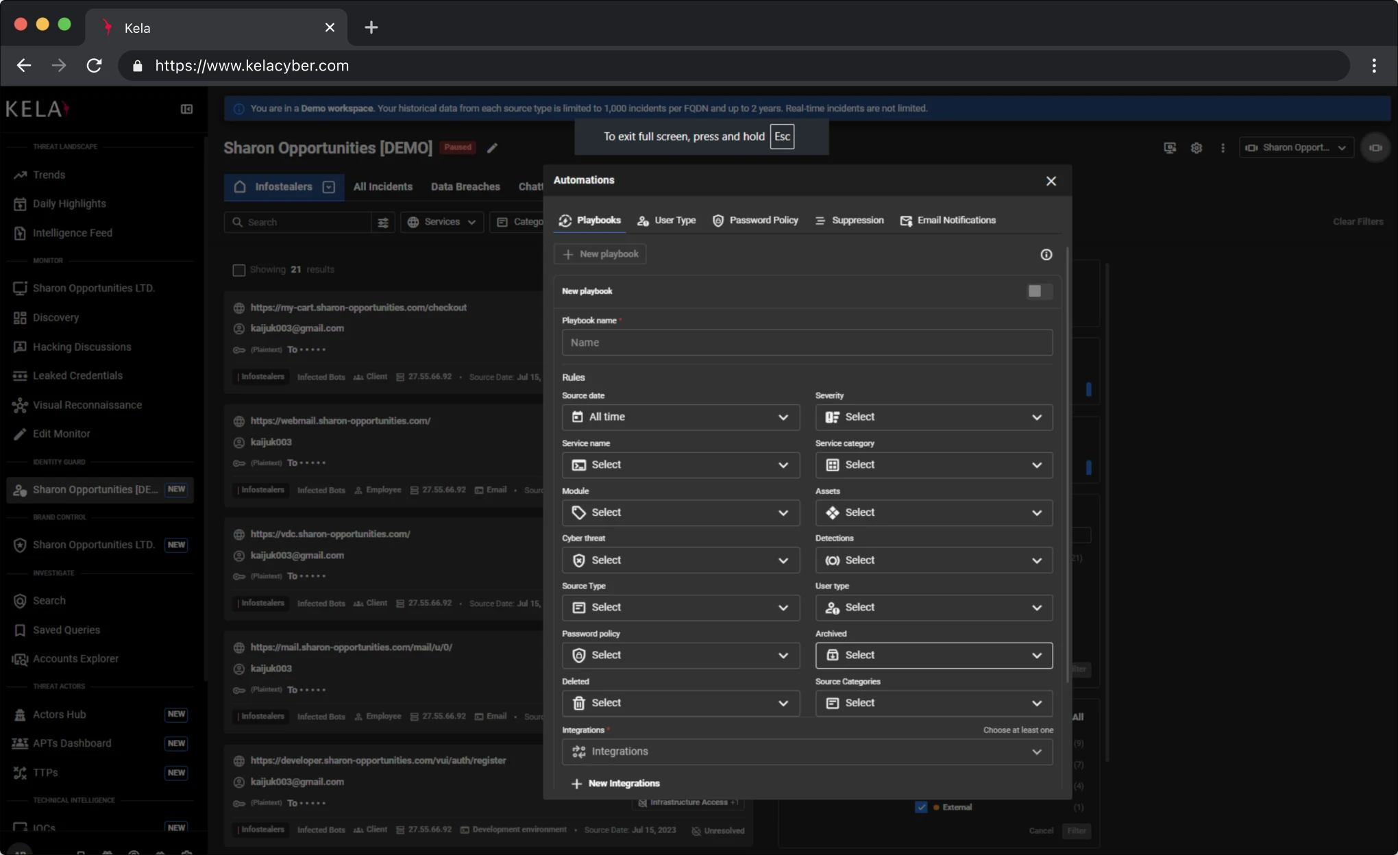 Screenshot der KELA-Plattform: Integrationen und Automatisierung