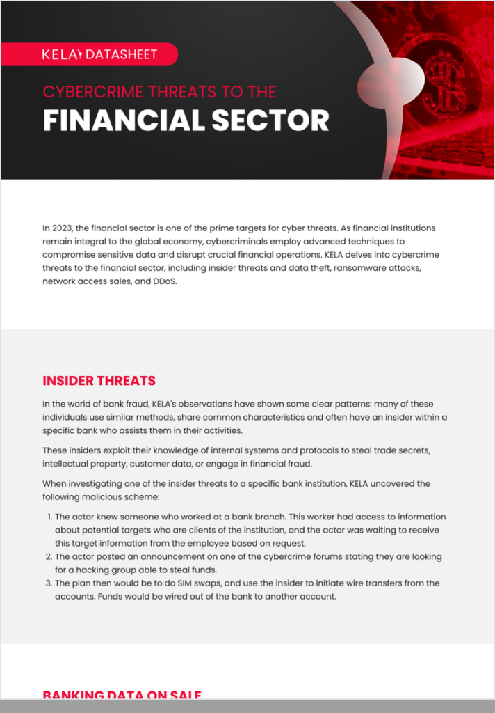 KELA datasheet cover: Cybercrime Threats to The Financial Sector