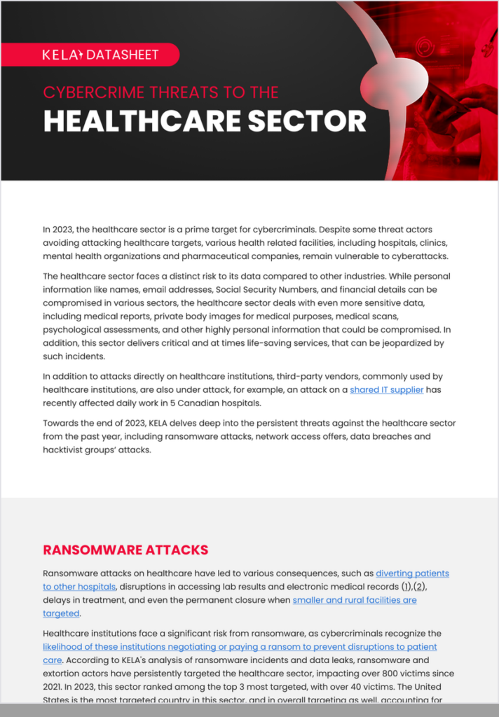 KELA datasheet cover: Cybercrime Threats to The Healthcare Sector