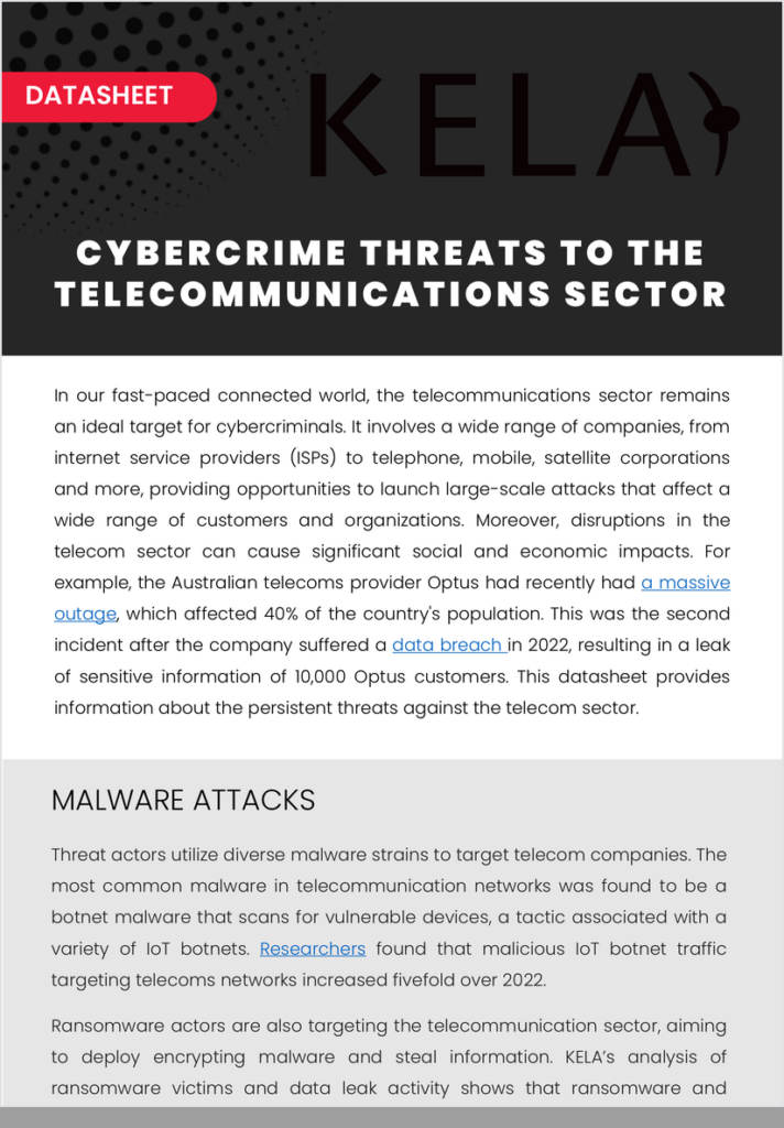 KELA datasheet cover: Cybercrime Threats to The Telecommunications Sector