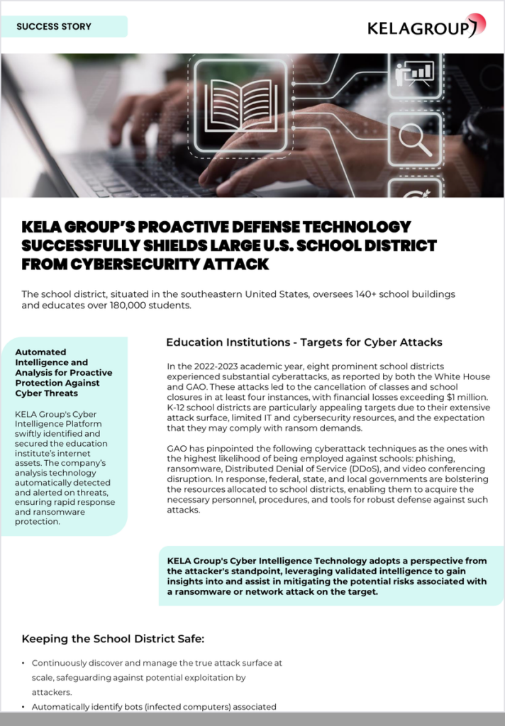Portada del caso de éxito de KELA: La tecnología de defensa del Grupo KELA protege con éxito a un gran distrito escolar estadounidense de un ataque a la ciberseguridad