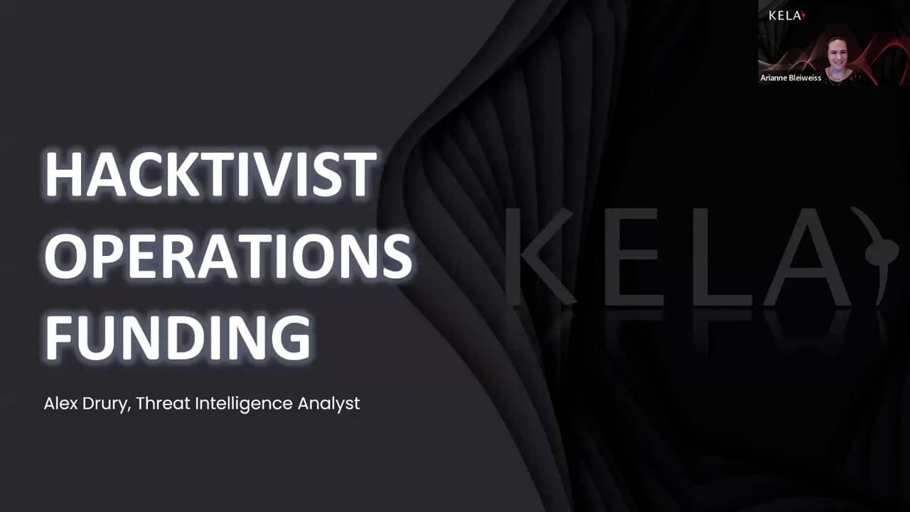 KELA masterclass banner: Hacktivist Operations Funding, with Alex Drury