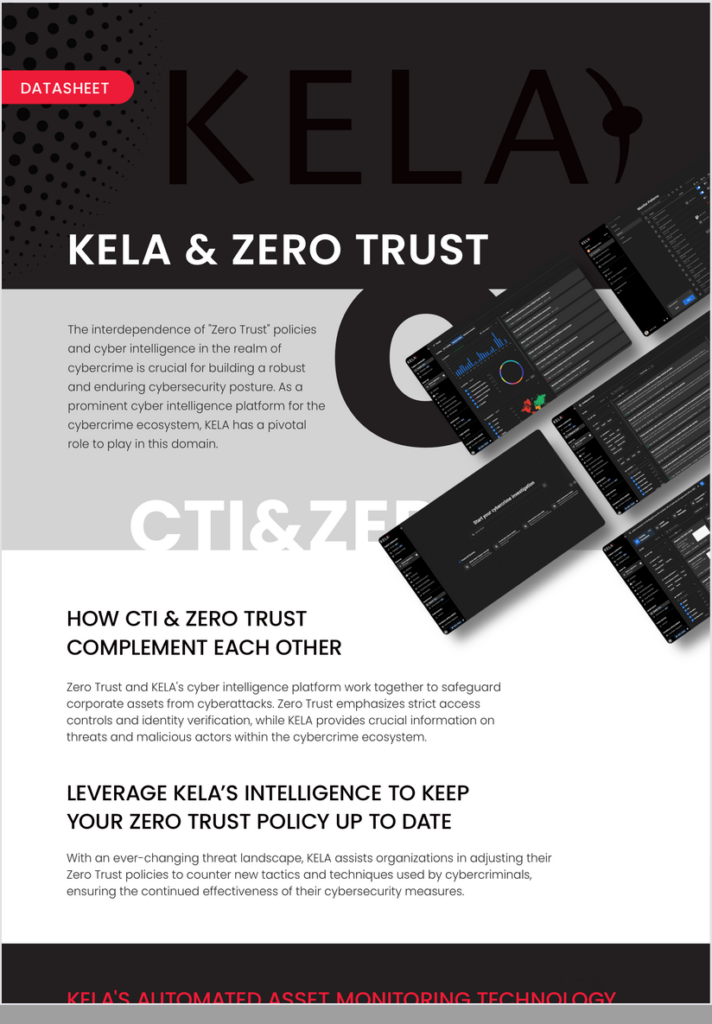 KELA datasheet cover: Zero-Trust and KELA Cyber Intelligence Platform